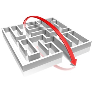 A red arrow takes a shortcut over the top of the maze. This clip-art can represent finding an easier route.