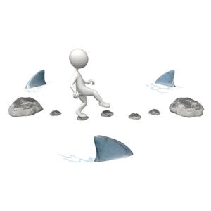 An image of a stick figure crossing water on very tiny stones while sharks circle.