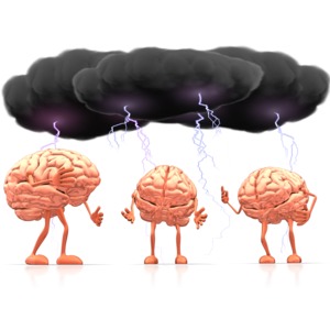 Brains shown thinking underneath a storm cloud.