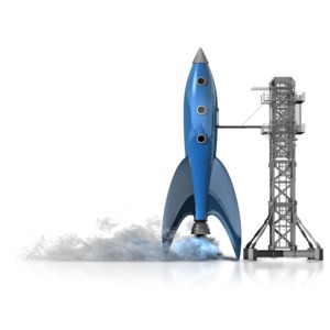 A space rocket is ready to launch with steam and smoke billowing from the rocket engine