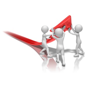 A team of stick figures work together to lift a red arrow. This clip-art can represent using teamwork to increase profits.