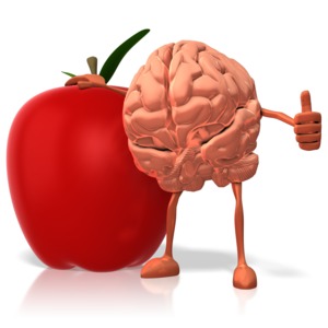 A brain shown leaning against an apple.
