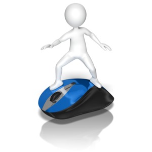 A stick figure rides atop a computer mouse. This clip-art can represent surfing the internet.