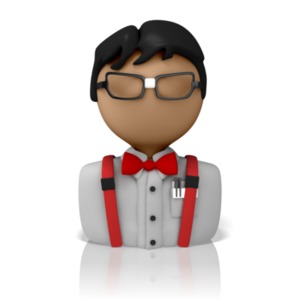 A 3D bust icon of a stereotypical computer geek with busted glasses, a pocket protector, suspenders and a bow tie. 