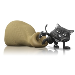 A cat escapes from a bag.  This clip art displays the idiom to let the cat out of the bag.