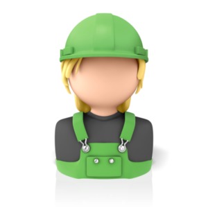 A 3D figure bust icon of a woman construction worker wearing overalls and a hardhat.
