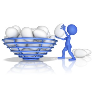 A stick figure is putting its eggs all into one basket.