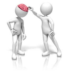 An image of a stick figure picking the brain of another person.