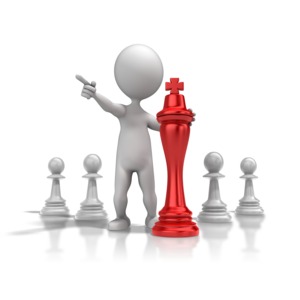 A 3D stick figure guide a king chess piece in this strategy concept.