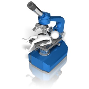 A stick figure lies under the lens of a microscope. This clip-art can represent someone who is being scrutinized.