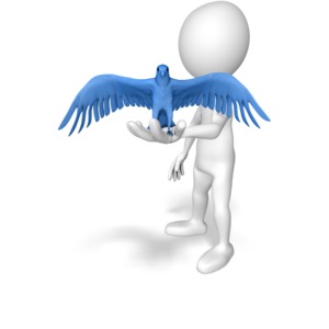 This clip art shows a stick figure holding a falcon bird in its hand.  This displays the original idiom a bird in the hand is worth two in the bush.