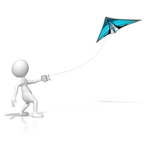 A stick figure flies a kite.