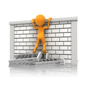 A figure struggles to look over a wall by standing on a pile of ladders instead of climbing a ladder.  A concept of not fully using the resources available or the inability to use the tools provided.