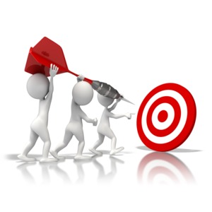 Three stick figure hold a giant dart and direct it toward a target.