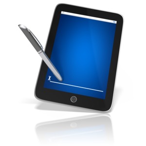 A tablet with a signature line and a tablet pen ready to sign.