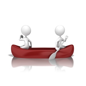 Two stick figures paddle the canoe in different directions canceling out each other efforts.  A concept of failing to work together, working against each other, or parts of a system not knowing what other parts are doing.