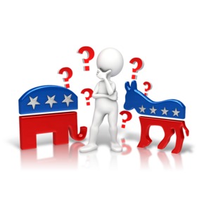 An image of a stick figure trying to decide on either democrat or republican.