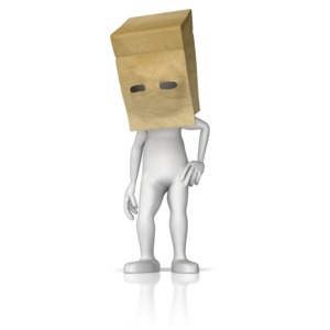 A stick figure wears a paper bag over its head.