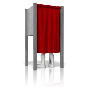 A stick figure stands inside of a voting booth.