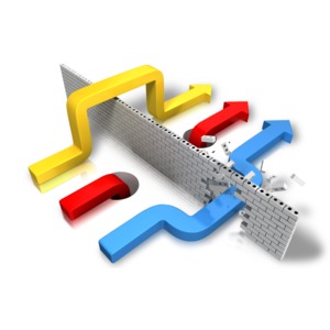 An image of three arrows getting past an obstacle wall.