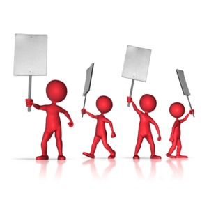 A group of four protester stick figures pickets with signs.