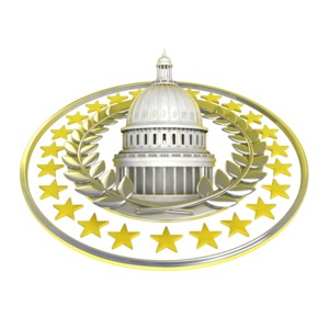 This clip art image shows a symbol of a capitol buildings dome surrounded by stars.
