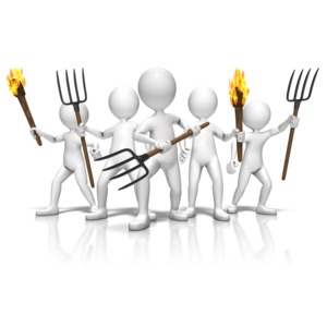 A group of figures carrying torches and pitchforks. This clip-art can represent a group unhappy at a circumstance.