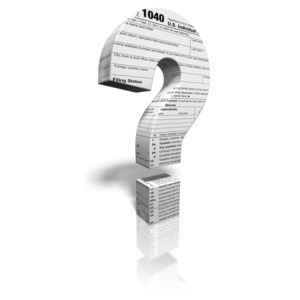 A question mark stands decorated with a 1040 tax form. This clip-art can represent having tax questions.