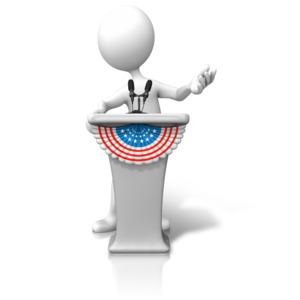 An image of a stick figure giving a speech at a podium with patriotic banner.