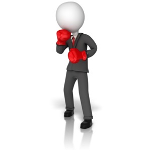 A business stick figure with boxing gloves on sits in a fighting stance.