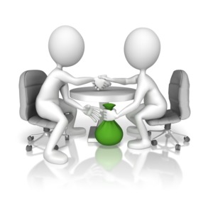 Two stick figures make a deal with a hand shake on top of the table but exchanges a bribe underneath. 