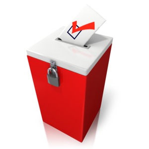 An image of a a voter card being inserted into a ballot box.