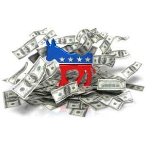 An image of the democratic symbol, a donkey, surrounded by lots of money.