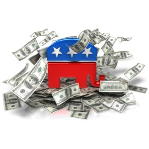 An image of the republican symbol, an elephant, surrounded by lots of money.