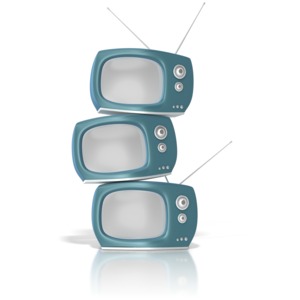 Three vintage television sets stack on each other.  The .PNG version of this image has transparent screens which you can place an image or video behind in PowerPoint or in an editing program.