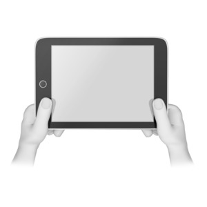 A stick figure holding a tablet out in front of view.