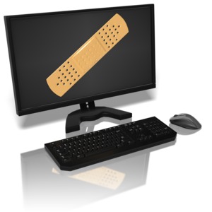A computer monitor with a giant bandaid on the screen. This clip-art can represent a damaged computer.