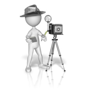 A journalist stick figure stands beside its camera ready for a story.