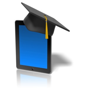 A graduation cap rests on a tablet computer. This clip-art can represent technology in education.