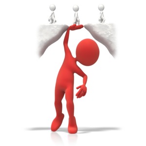 A large stick figure uses its hand to provide a bridge across a gap in a cliff.  A concept of bridging the gap or filling a need.