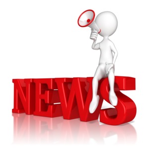 A stick figure  the yells in a megaphone while sitting on top of 3D text that spells news.