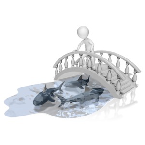 A stick figure stands on a bride over shark infested waters. This clip-art can represent the idiom &#039;bridge over troubled water&#039;.