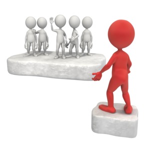 A isolated stick figure stands apart from another group of figures.