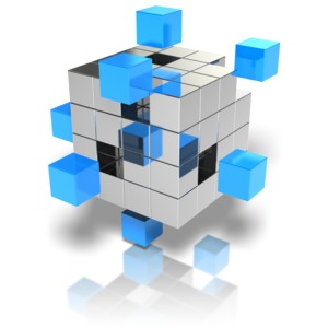 A group of silver cubes with blue cubes standing-out.