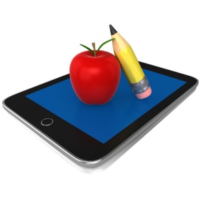 An apple and pencil are shown sitting on a tablet