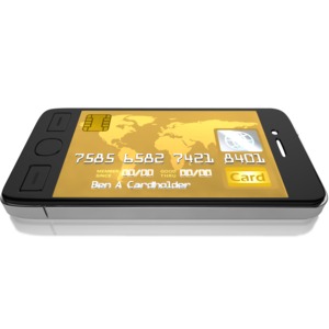 A credit card is shown in the screen of a cell phone