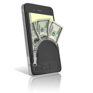This clip art image shows a smart phone with a zipper unzipped on the screen and money popping out.