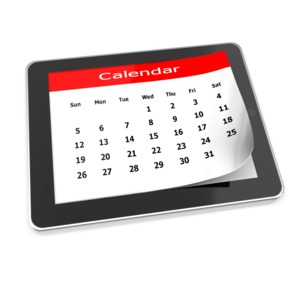 This clip art image shows a computer tablet with a calendar peeling off in place of the screen. 