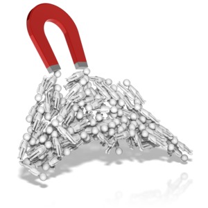 A giant magnet attracts a bunch of stick figures. This clip-art can represent attracting a group to a cause or interest.