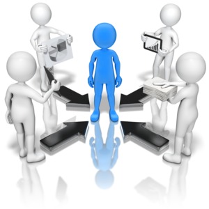 A team of stick figures present their work to their team leader.